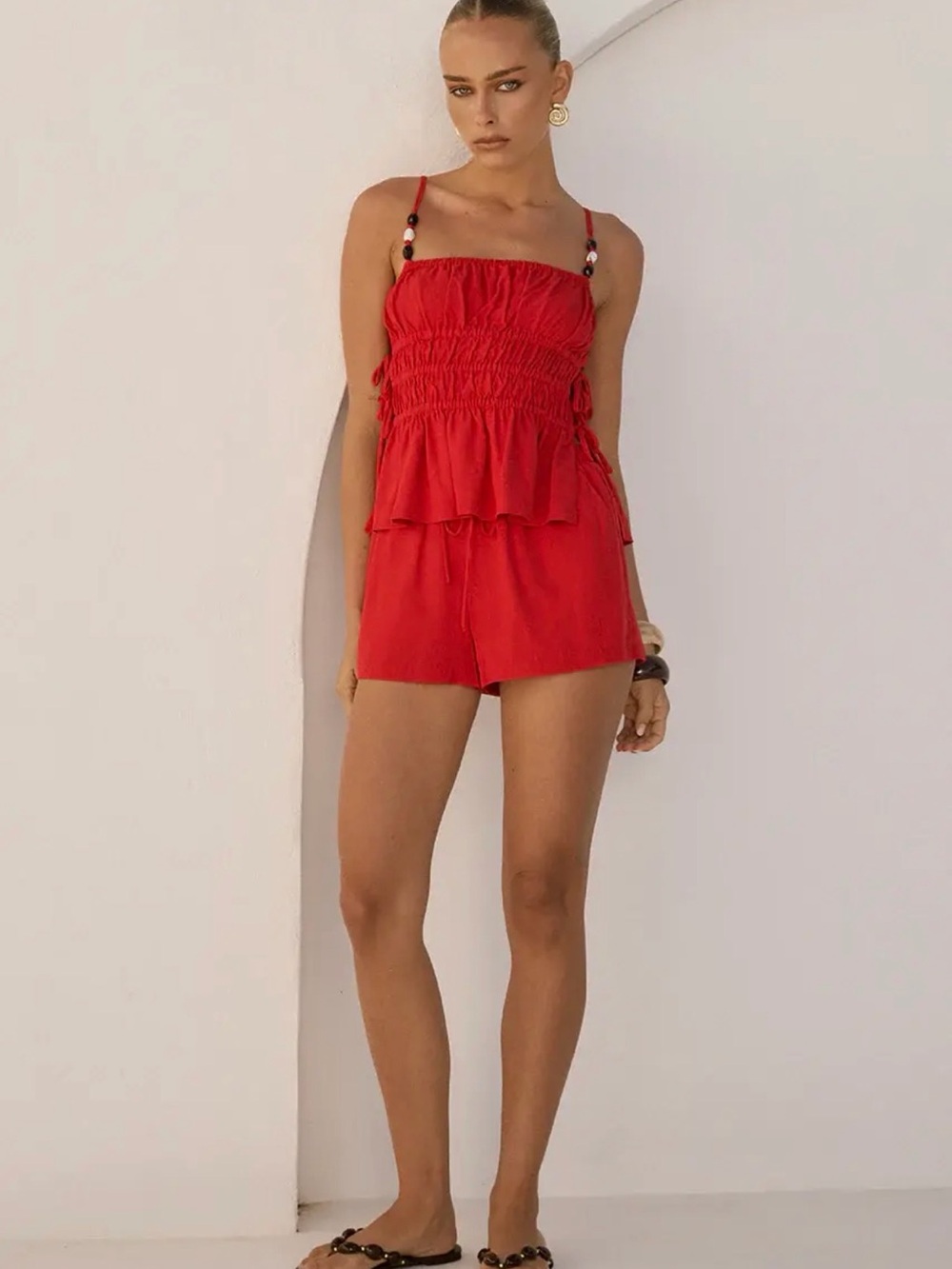 Red Smocked Matching top and short set